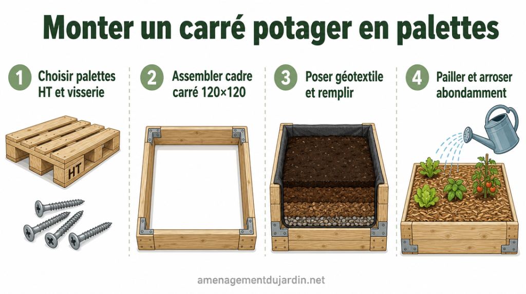 Étapes visuelles d’un carré potager en palettes