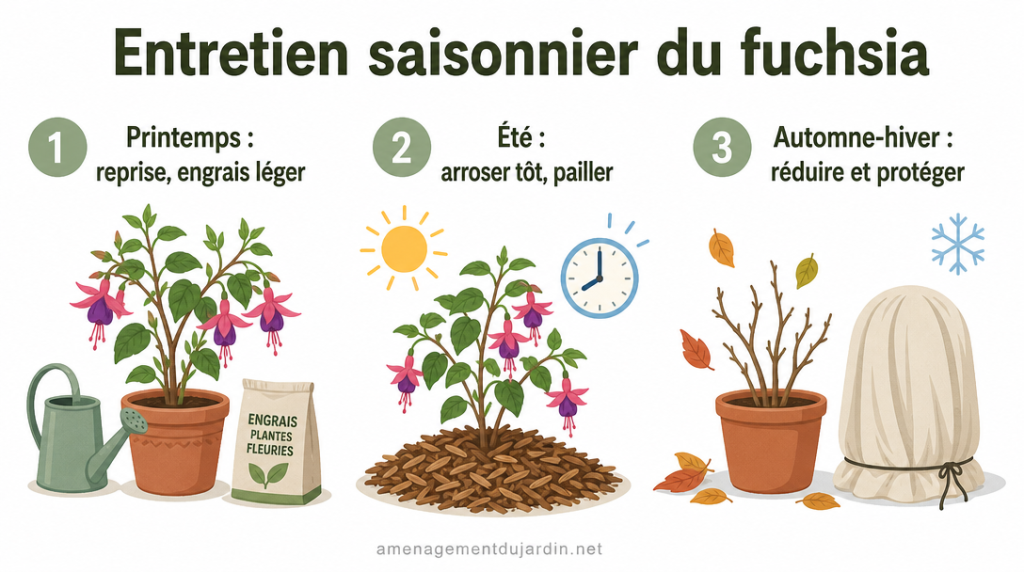 Infographie entretien du fuchsia par saison avec arrosage, paillage et protection