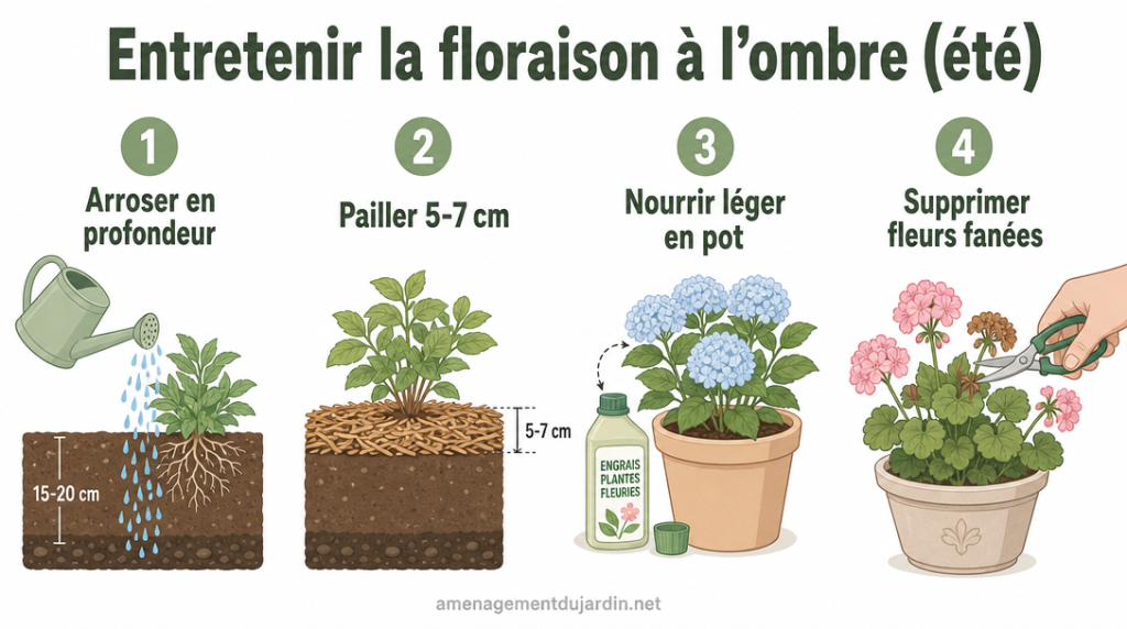 Infographie des 4 gestes d’entretien pour l’ombre en été
