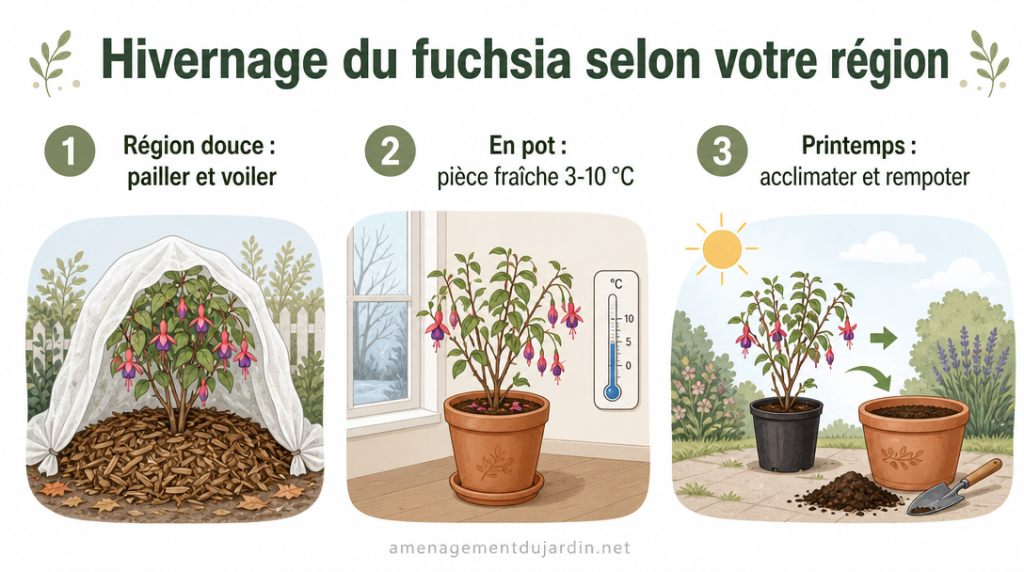 Infographie méthodes d’hivernage du fuchsia selon climat et culture en pot