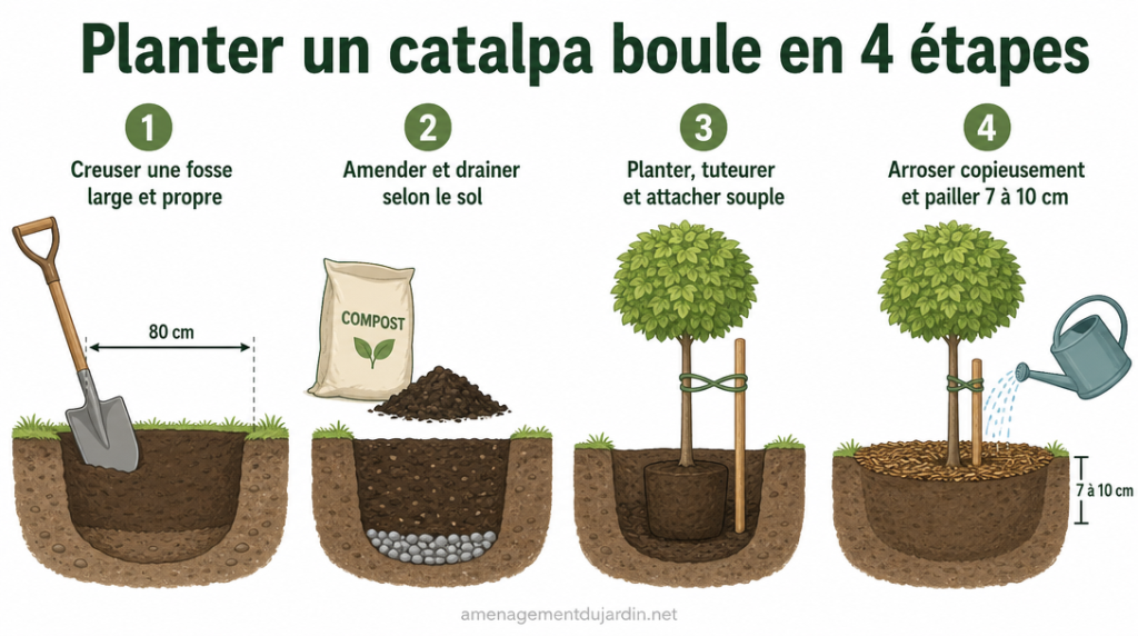 Infographie des 4 étapes clés pour planter un catalpa en boule