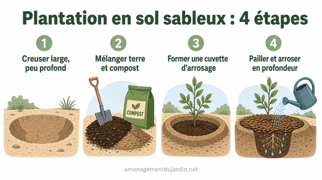 Infographie étapes clés pour planter en sol sableux