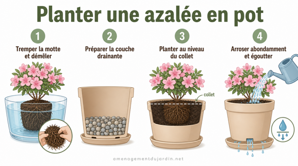 Infographie des 4 étapes pour planter une azalée en pot