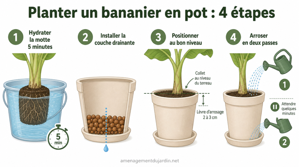 Étapes pour planter un bananier en pot en 4 visuels