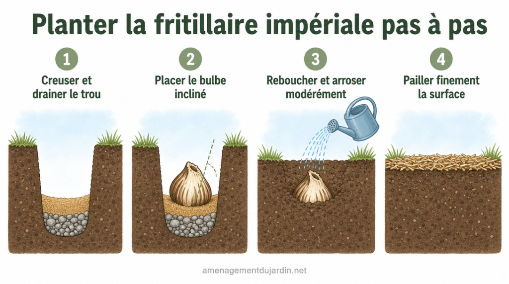 Schéma des étapes pour planter correctement la fritillaire