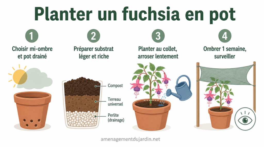 Infographie des étapes pour planter un fuchsia en pot avec substrat drainant