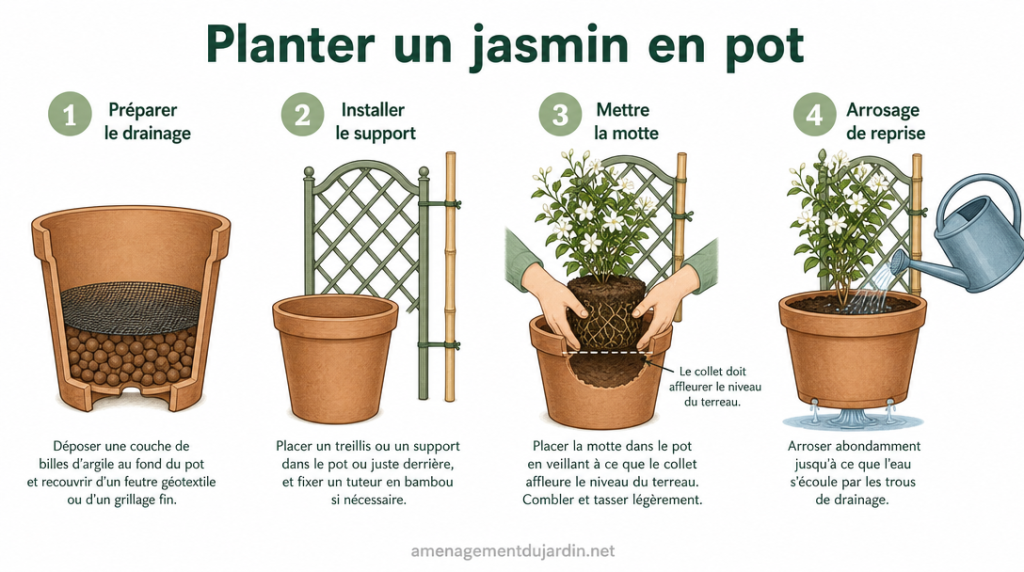 Schéma des étapes clés pour planter un jasmin en pot