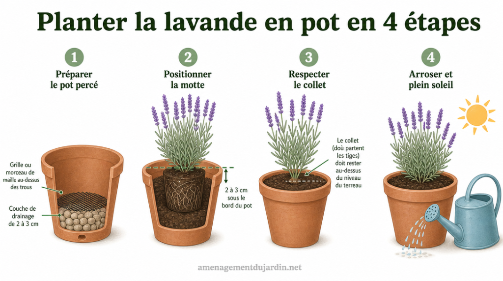 Schéma des 4 étapes pour planter une lavande en pot