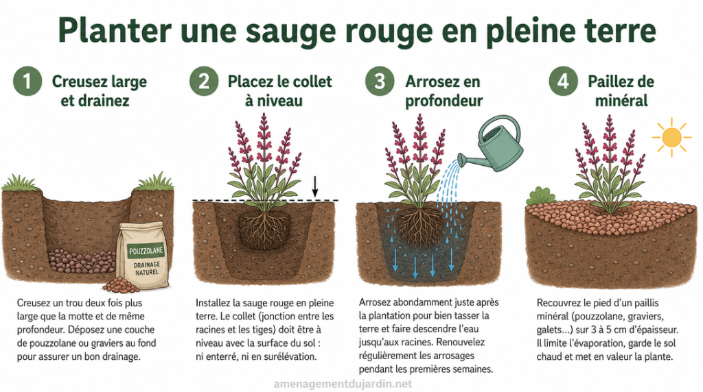 Étapes claires pour planter correctement une sauge rouge