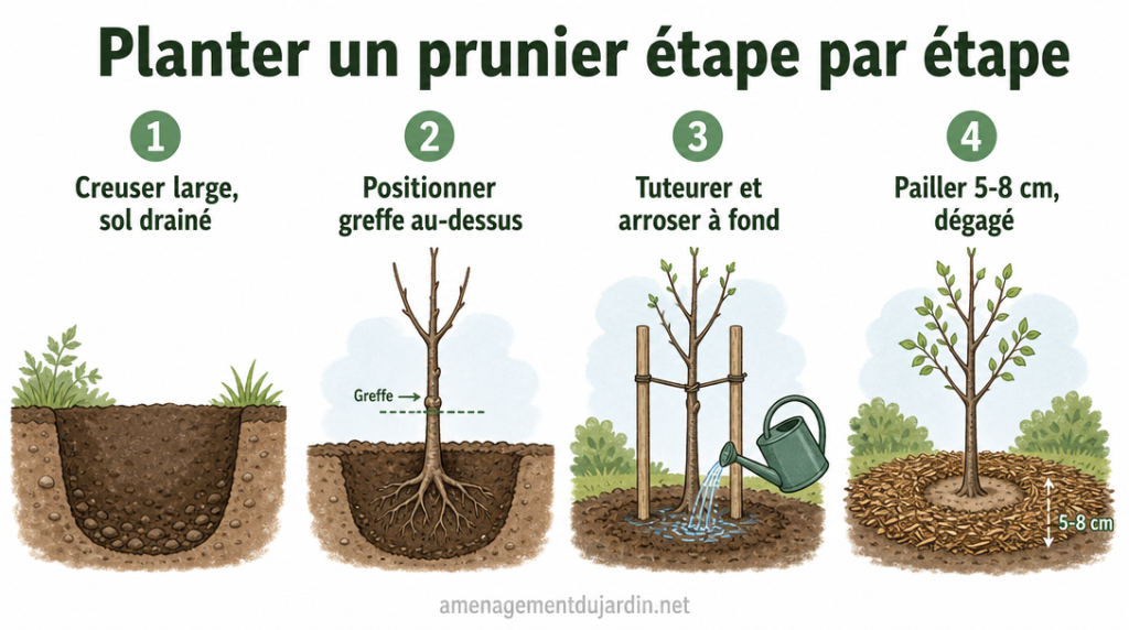Infographie plantation prunier avec 4 étapes illustrées