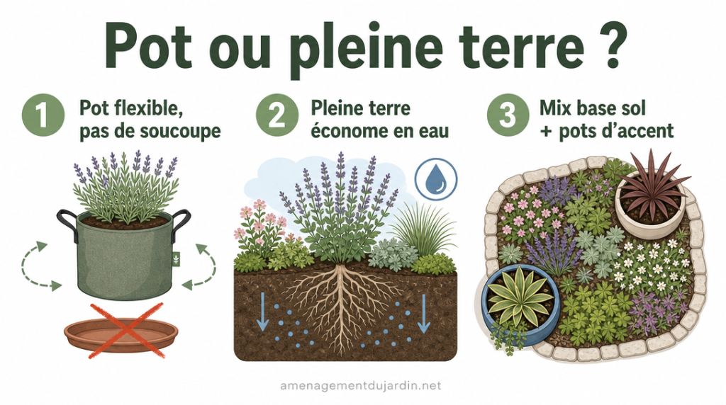 Guide visuel choix pot, pleine terre ou mix au bord du bassin
