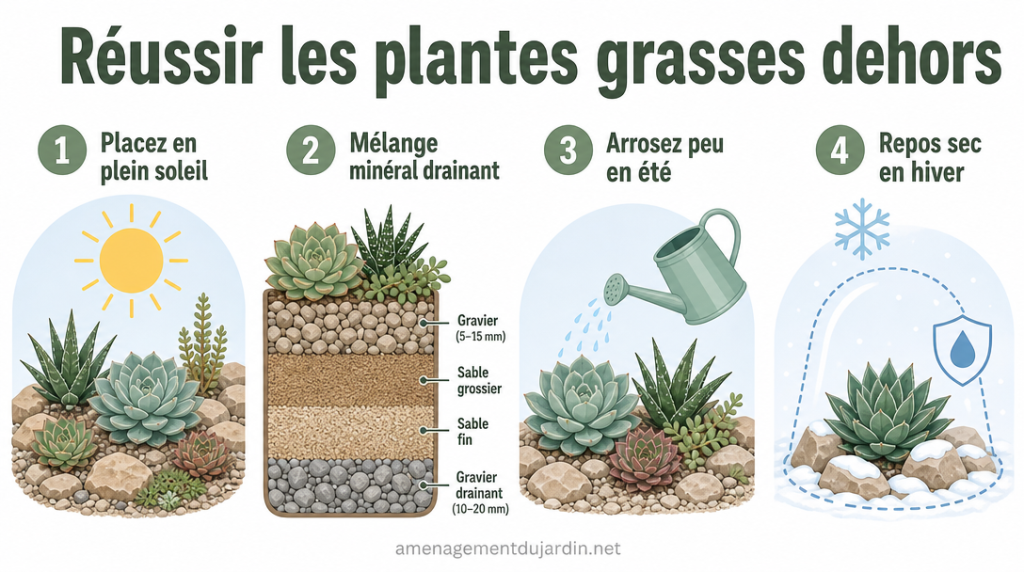 Infographie en 4 étapes pour réussir les succulentes au jardin