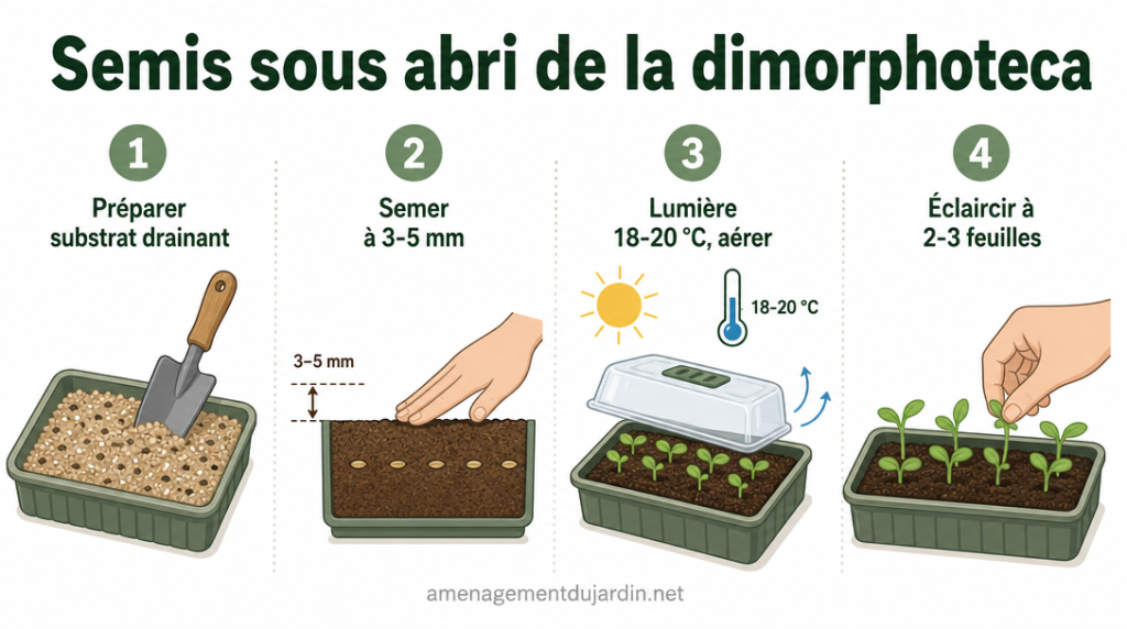 Infographie des étapes clés du semis sous abri de la dimorphoteca