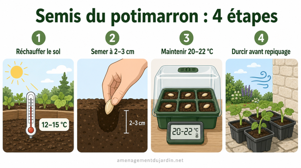 Schéma des 4 étapes clés du semis de potimarron