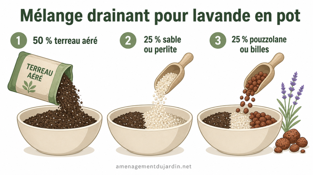 Schéma du substrat drainant 50-25-25 pour lavande en pot