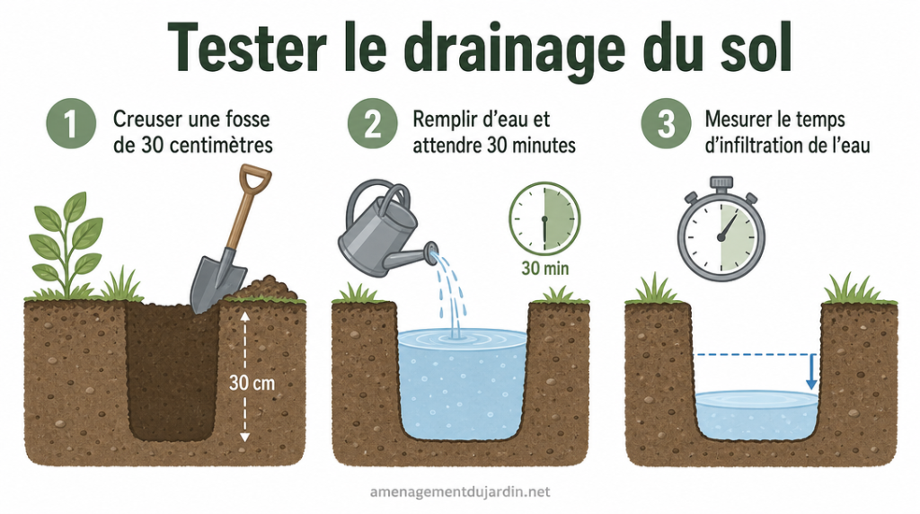 Infographie en 3 étapes pour tester le drainage du sol
