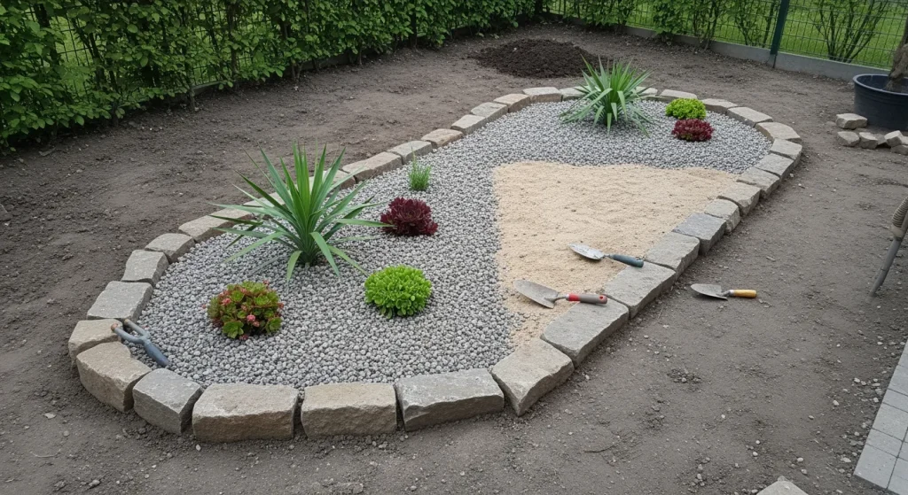 Butte drainante en gravier avec yucca et sedum plantés