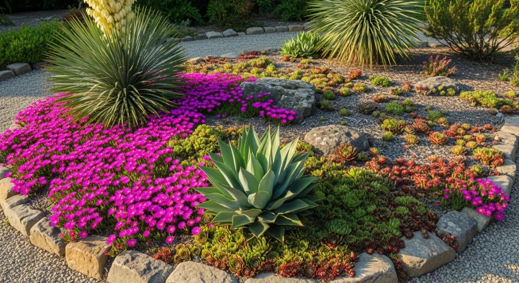 Rocaille en plein soleil avec delosperma, joubarbes et agave