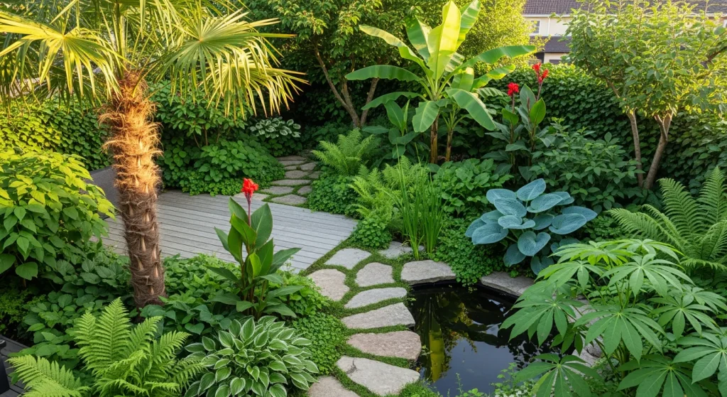 Jardin tempéré avec palmiers, bananiers, pas japonais et bassin