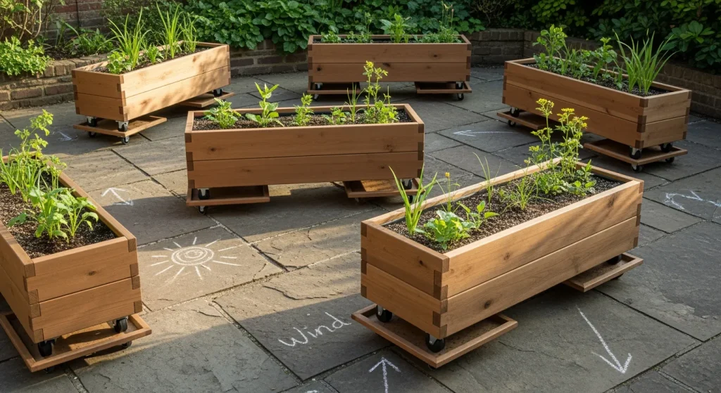 Bacs en bois sur roulettes alignés sur une terrasse