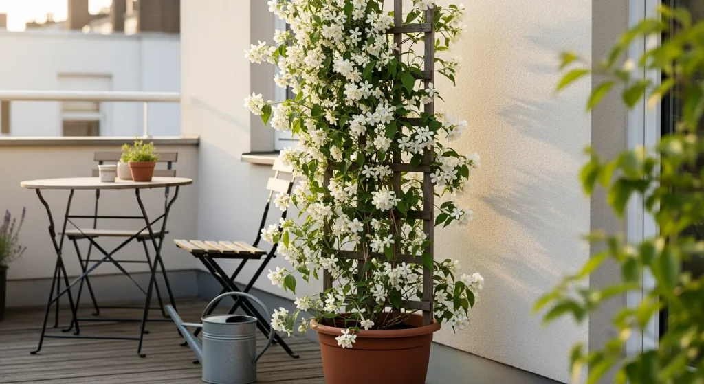 Jasmin en pot palissé blanc sur terrasse ensoleillée