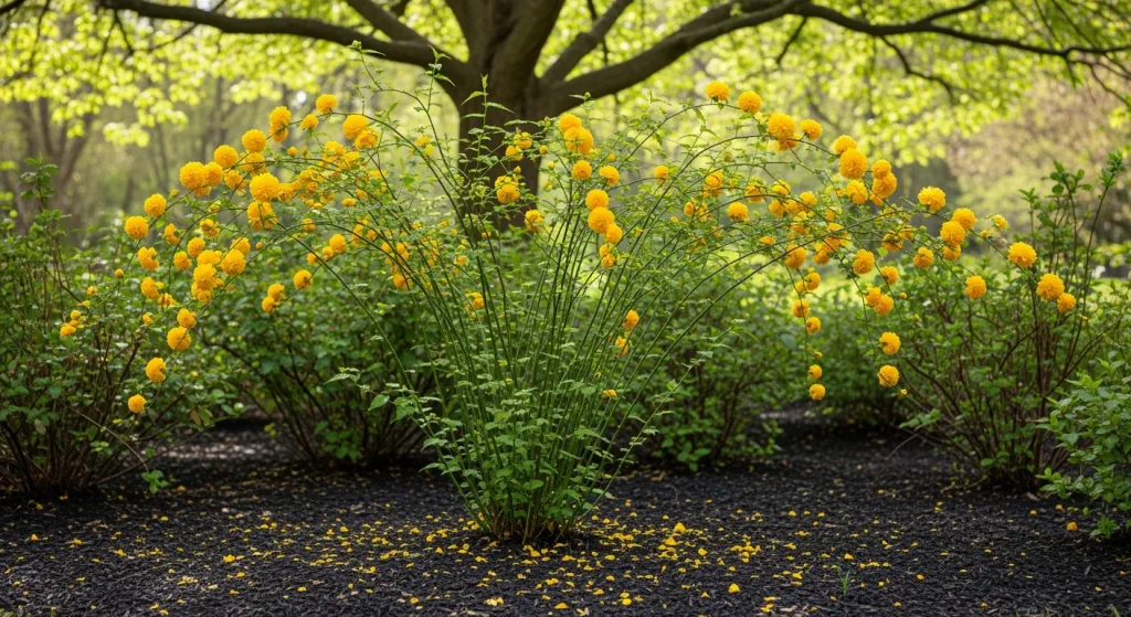 Corète du Japon en pompons jaunes au printemps