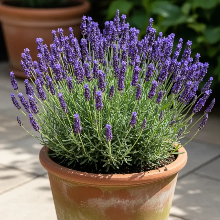 Lavandula angustifolia Hidcote compacte en pot en fleurs