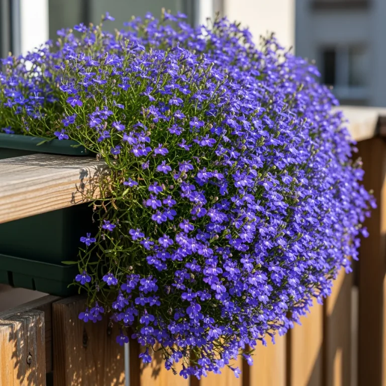 Lobélia bleu retombant couvrant une jardinière de balcon