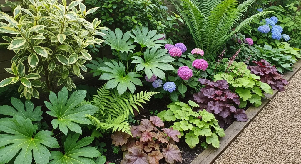 Massif d’ombre mêlant aucuba, fatsia et hortensias