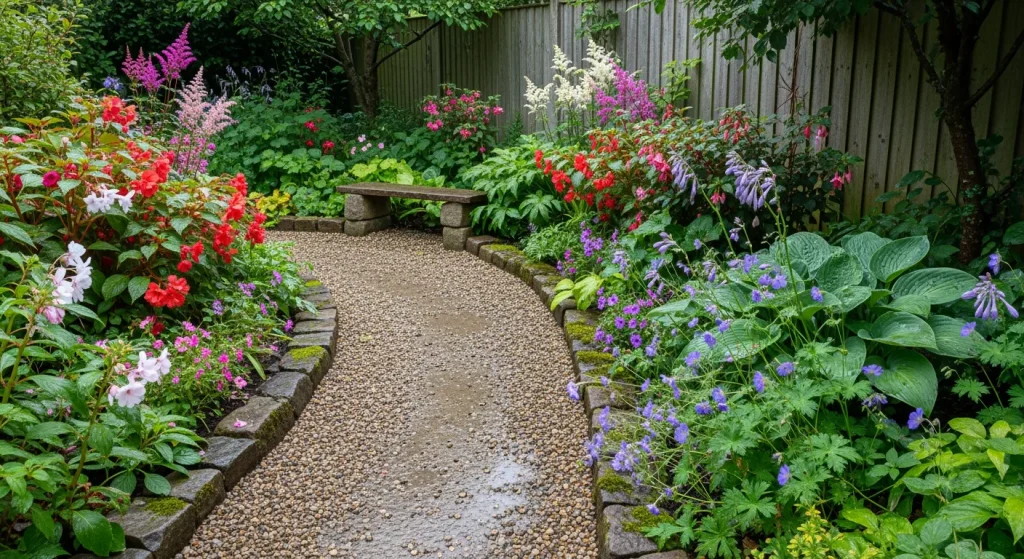 Massif d’ombre fleuri avec impatiens, bégonias et astilbes