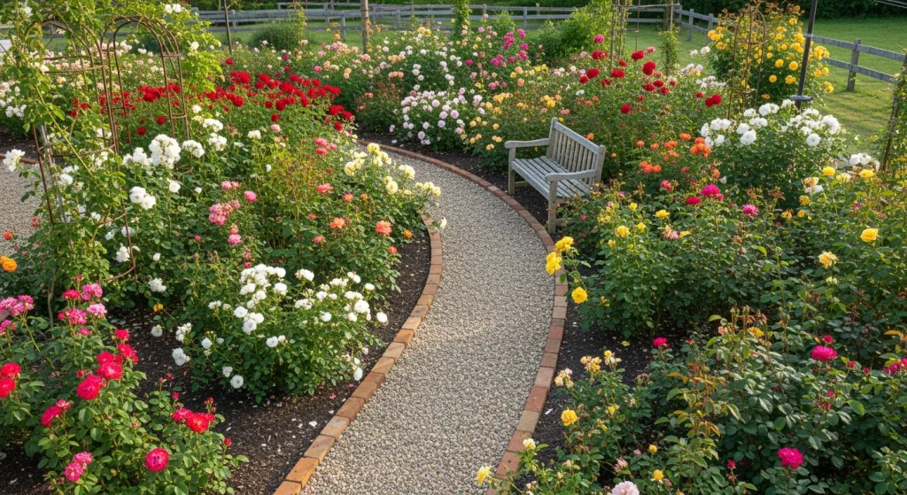 Massif de roses rouge, blanc, rose, jaune et orange au jardin