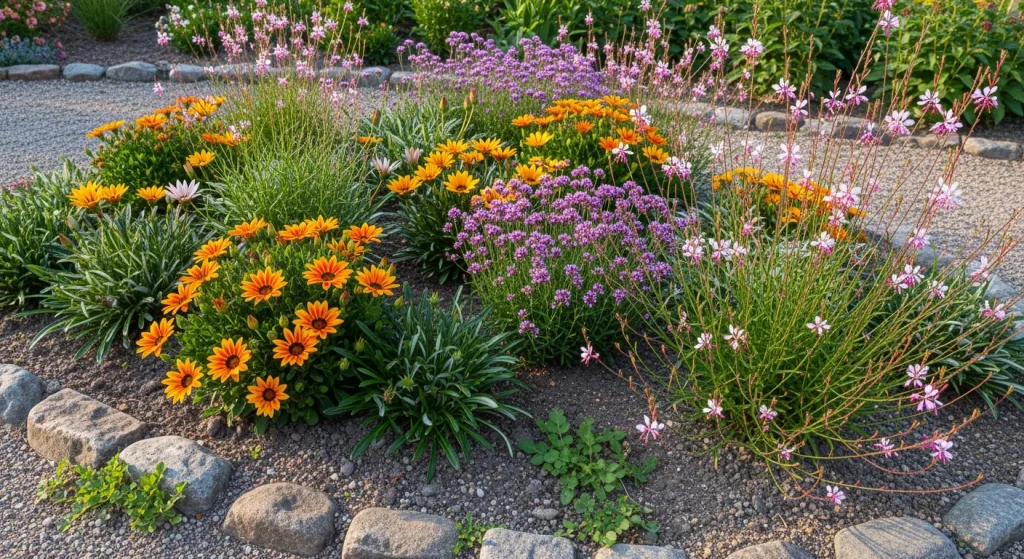 Association dimorphoteca, gazania, verveine et gaura en massif sec