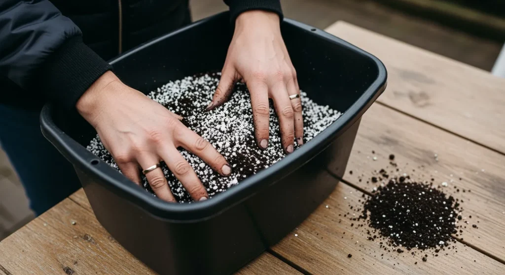 Mélange terreau compost et perlite en bac