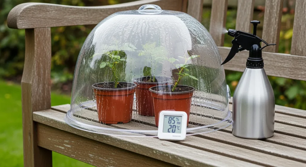 Cloche transparente avec fine condensation sur un pot de rosier