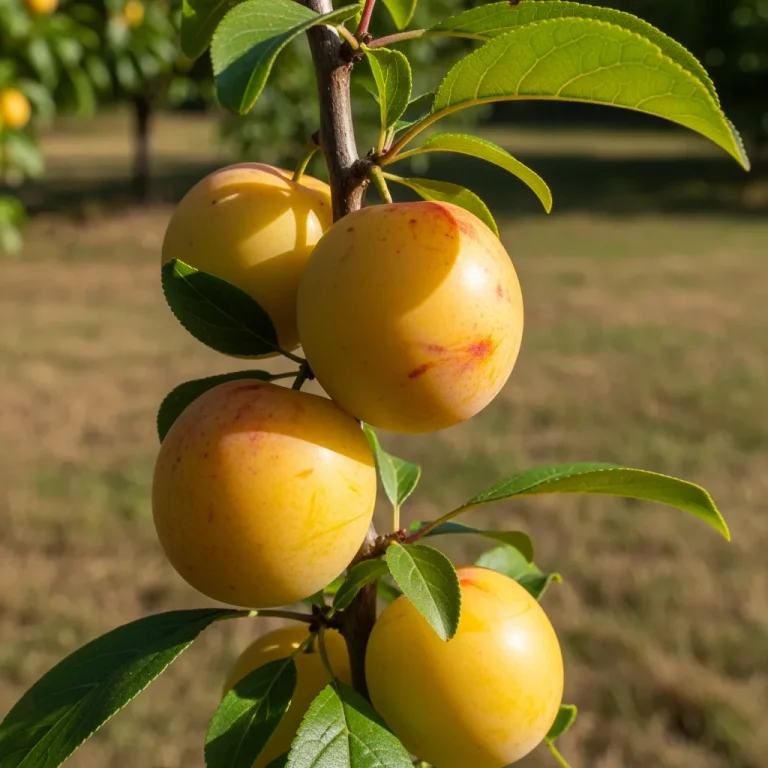 Prunes Monsieur Jaune jaunes vives sur branche dressée