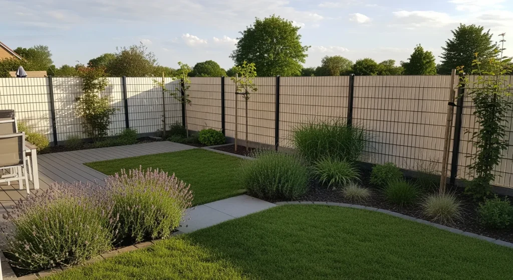 Jardin avec clôture rigide et lames PVC en pose