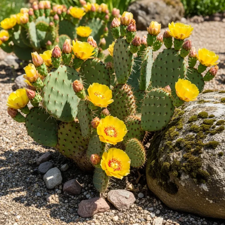 Raquettes d’opuntia avec fleurs jaunes au soleil