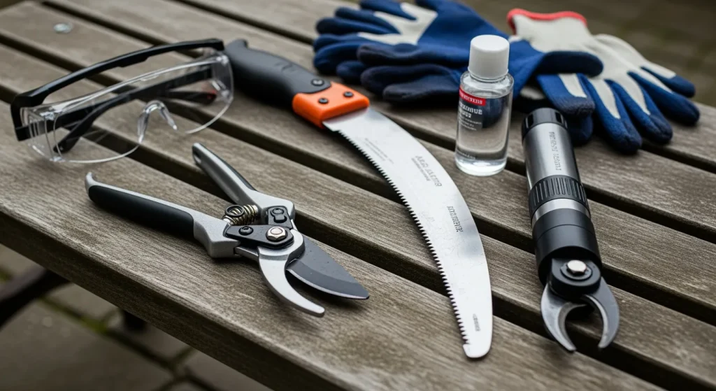 Sécateur, scie, manche télescopique, gants et lunettes