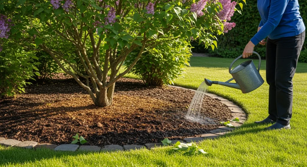 Paillage organique et arrosage au pied d’un lilas