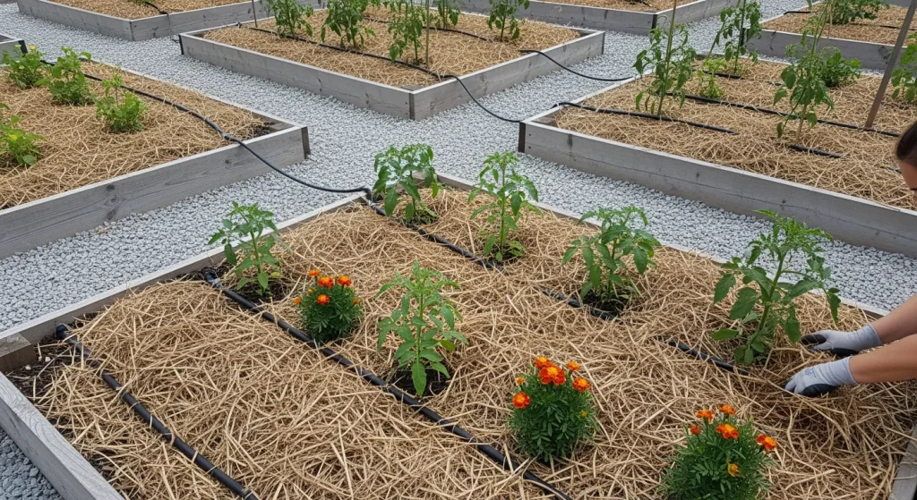 Carré potager paillé au miscanthus autour de jeunes tomates
