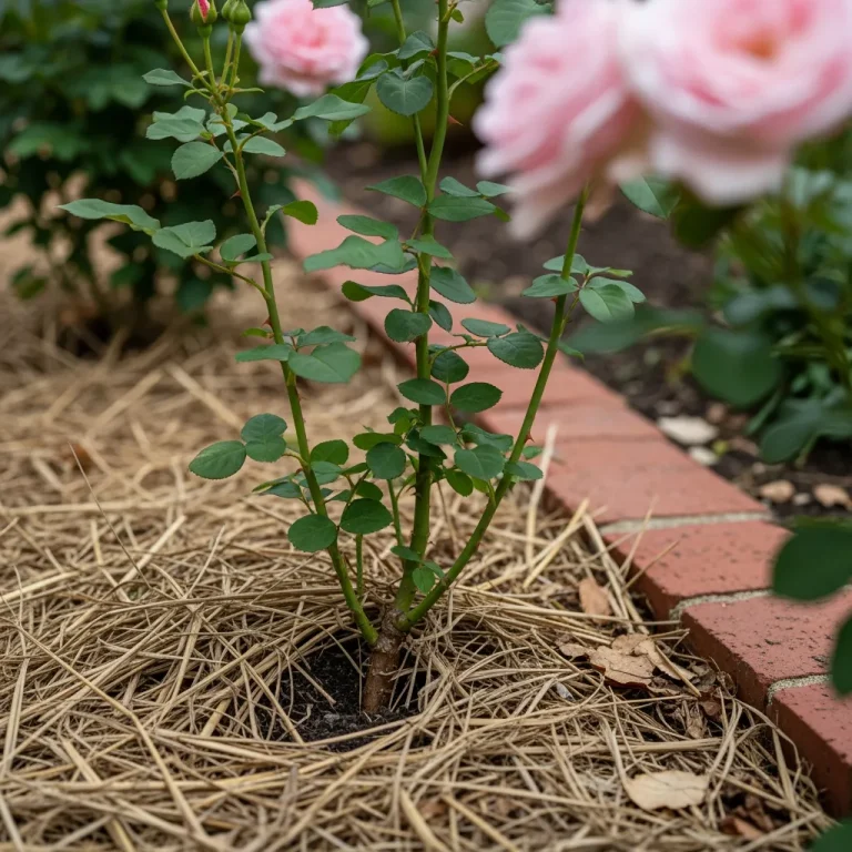 Paillis de miscanthus au pied d’un rosier en fleurs