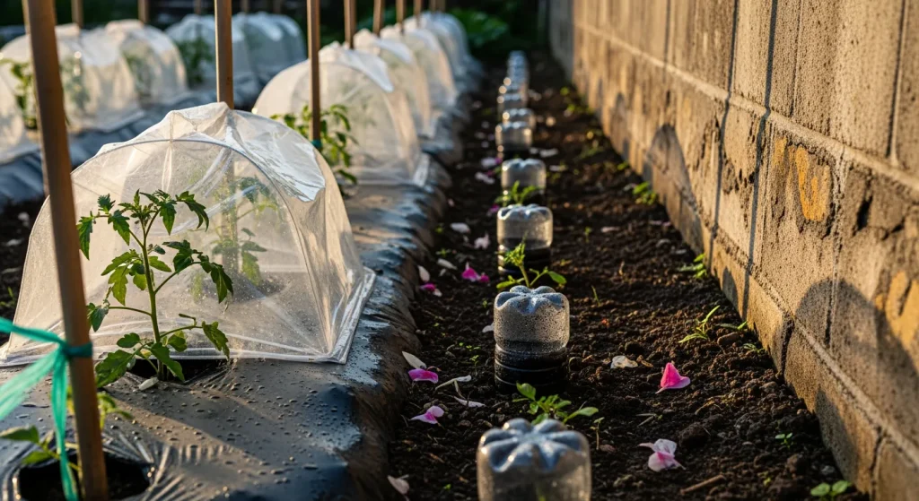 Tomates avec paillage noir et cloches près d’un mur