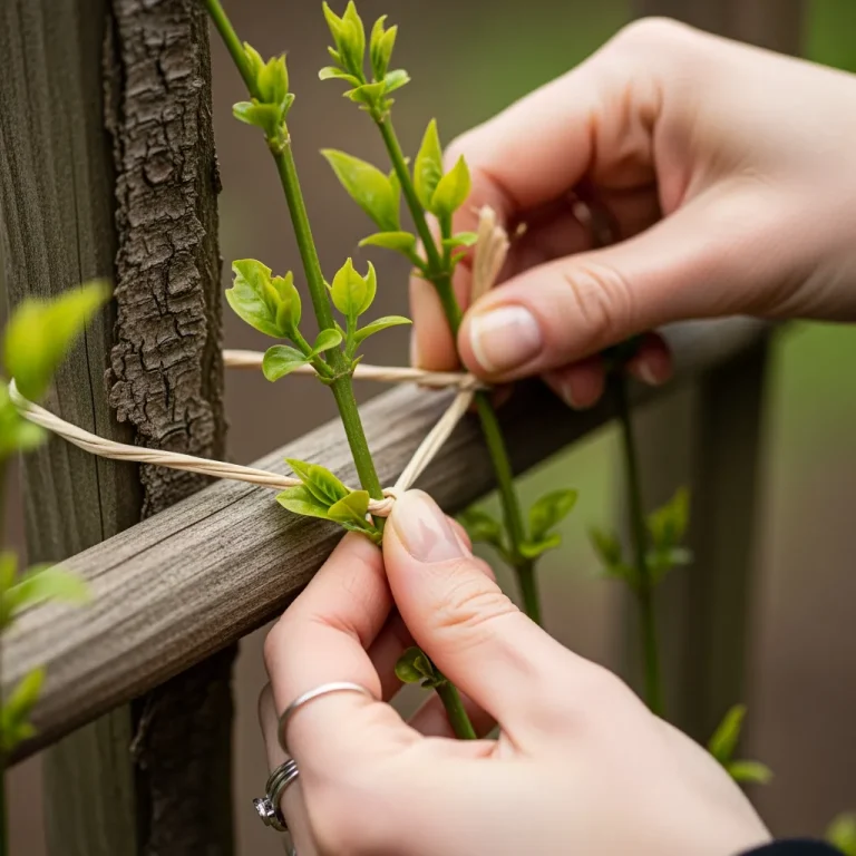 Tiges de jasmin liées avec liens souples au treillis
