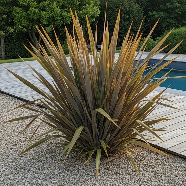 Phormium aux longues feuilles bicolores près d’une terrasse de piscine