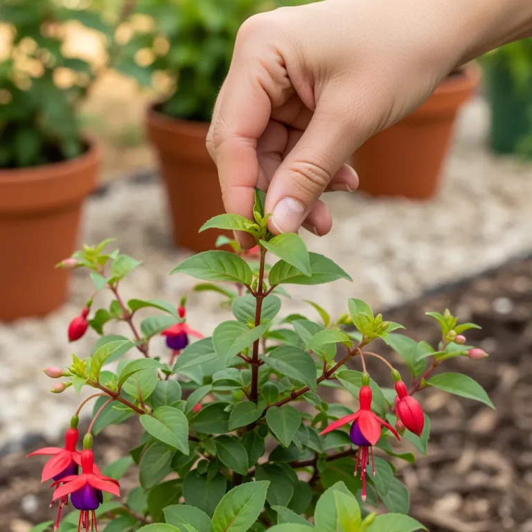 Main pinçant l’extrémité d’une tige de fuchsia pour stimuler la ramification
