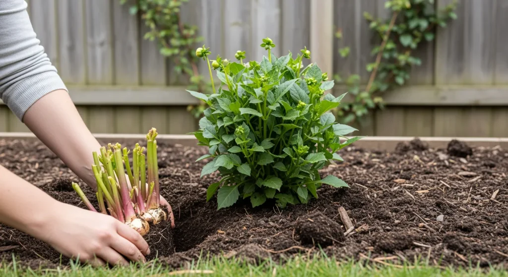 Plantation d’un tubercule de dahlia dans une fosse, sol frais et ameubli