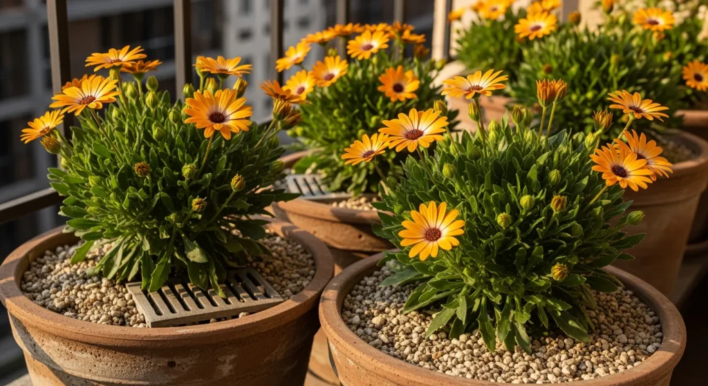 Dimorphoteca en pot au soleil avec paillage minéral