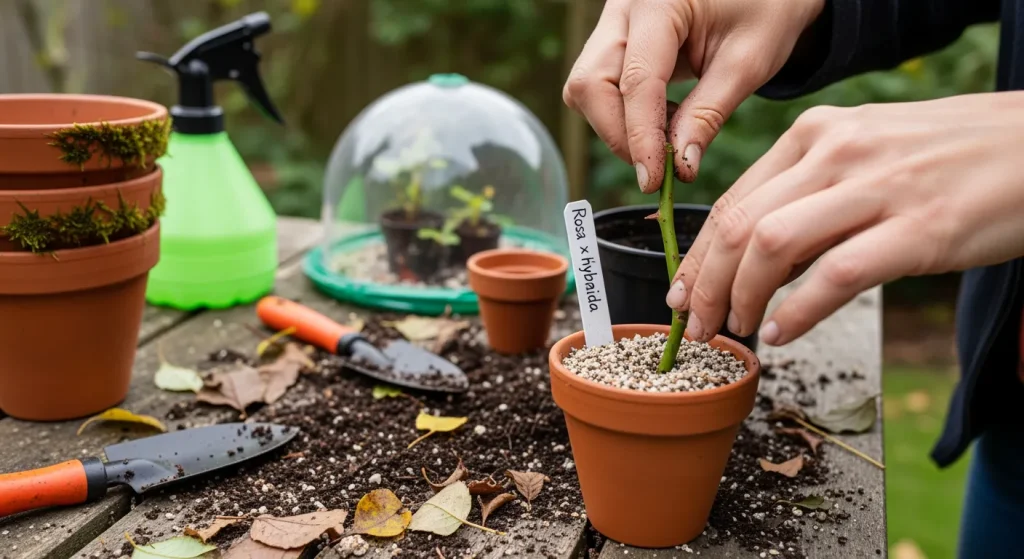 Mains plantant une tige de rosier dans un pot drainant