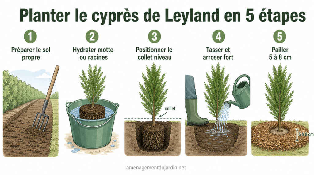 Infographie étapes planter un cyprès de Leyland