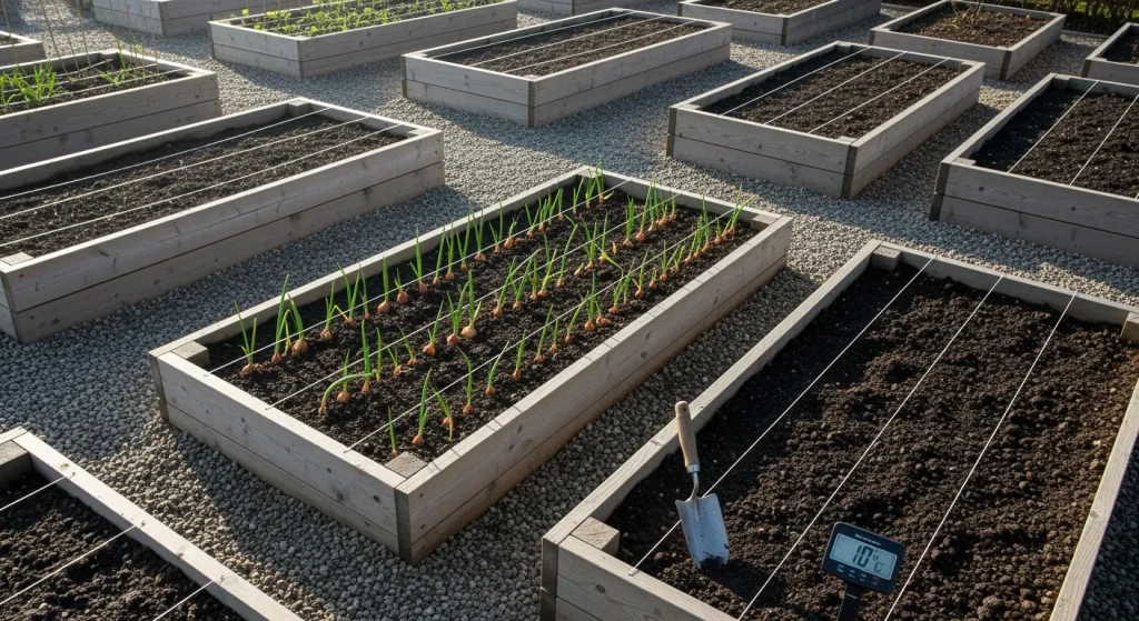 Plantation d’oignons en rangs avec thermomètre de sol à 10 °C